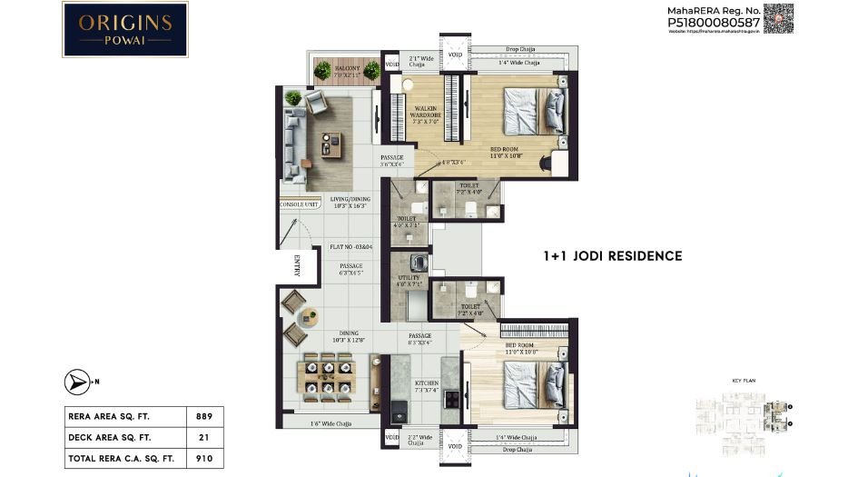 Origins-Powai-Floor-Plan-1 BHK Jodi-910 Sqft